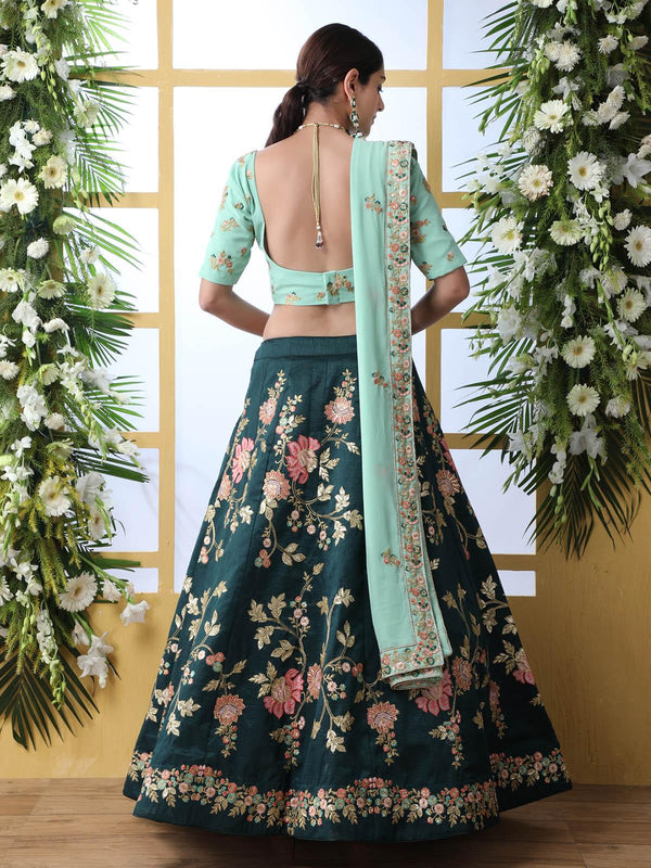 Women's Dark Green Sequins Georgette Lehenga Set - Odette