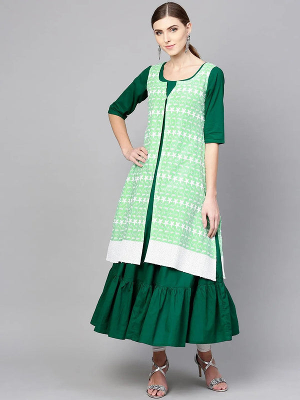 Dark Green Solid Cotton Kurta With Jacket - Jashvi