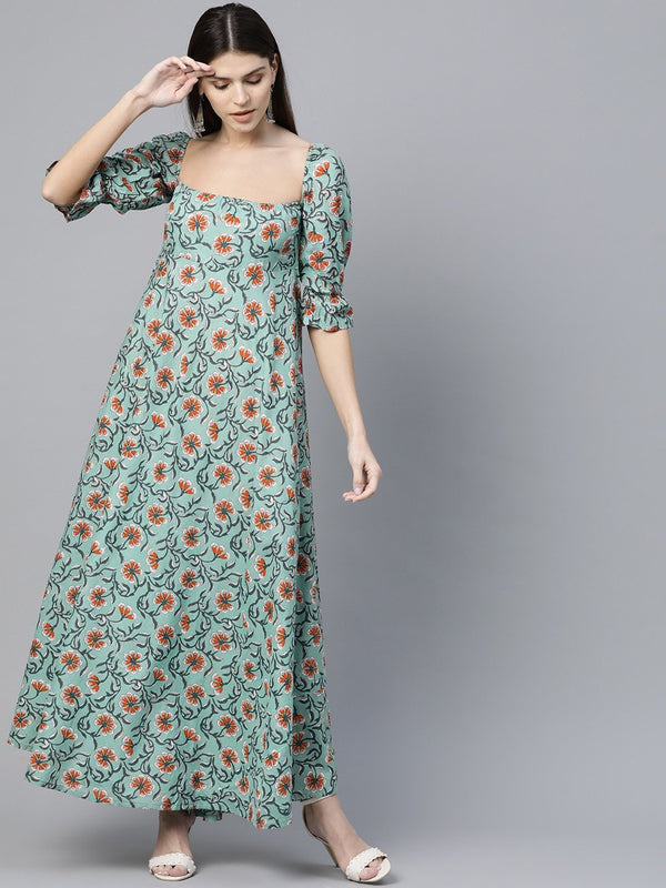 Women's  Green & Orange Printed Maxi Dress - AKS