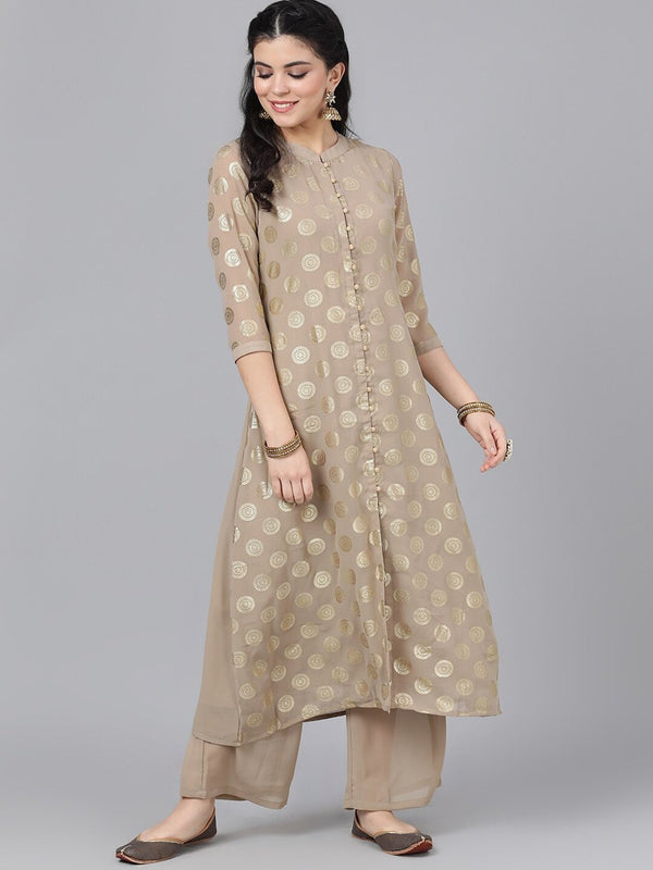 Women's  Taupe & Gold-Toned Woven Design A-Line Kurta - AKS