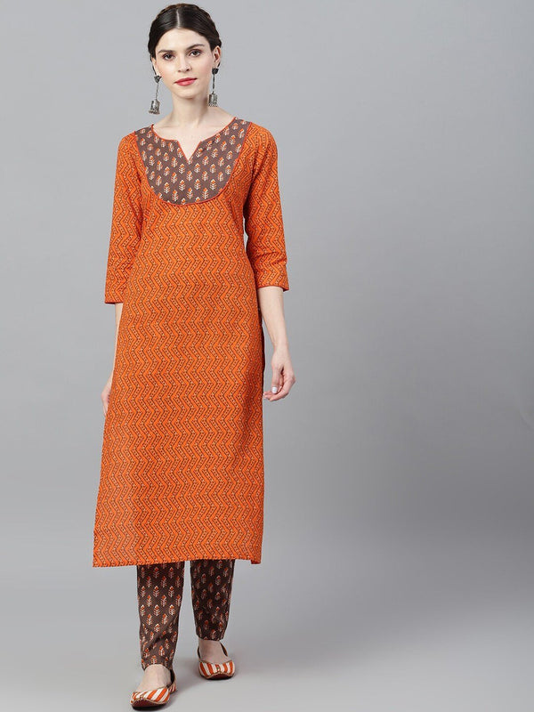 Women's  Orange & Brown Woven Design Straight Kurta - AKS