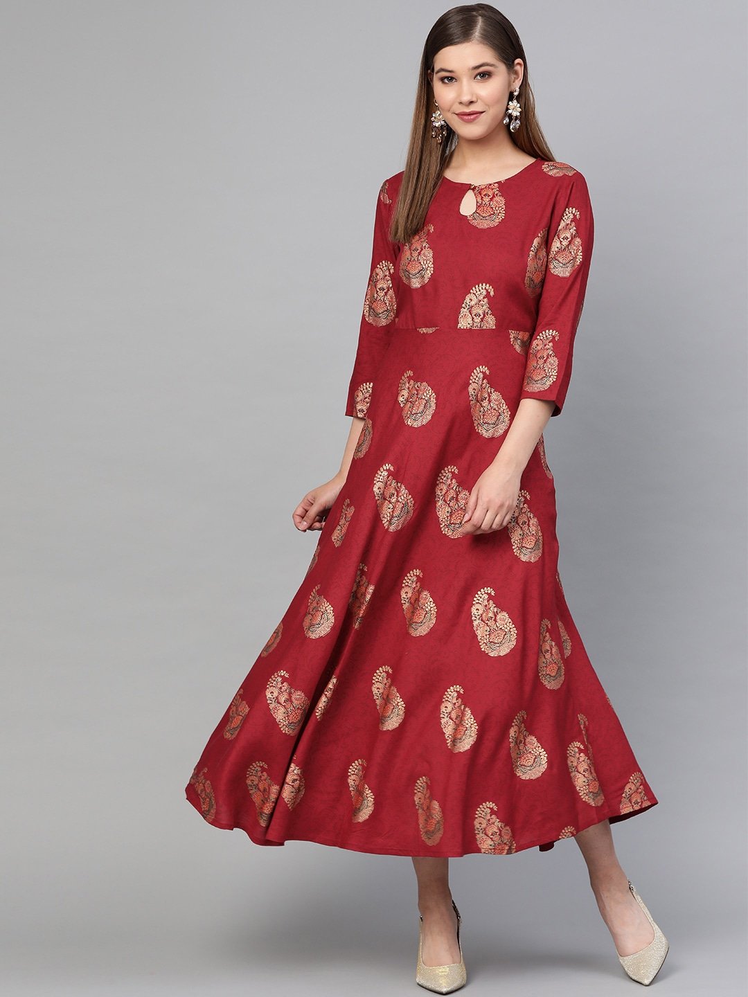 Women's Maroon & Golden Printed Dress - Yufta