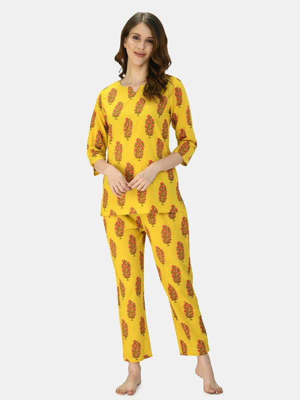 Women's Mustard Cotton Printed Half Sleeve V Neck Casual Night Suit - Myshka