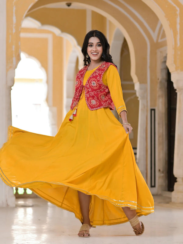 Women's Goldenrod Yellow Flared Dress With Bandhani Mirror Work Jacket - Hatheli