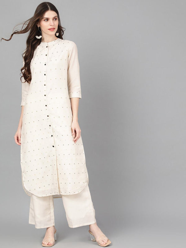 Women's  Off-White & Gold-Coloured Woven Design Straight Kurta - AKS