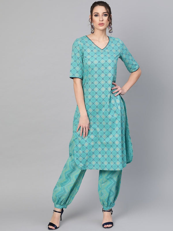 Women's  Blue Printed Kurta with Trousers - AKS