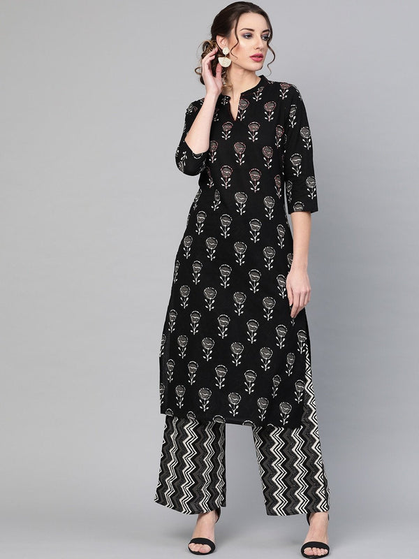 Women's  Black & Charcoal Grey Printed Kurta with Palazzos - AKS