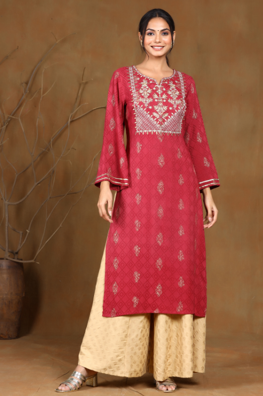 Women's Wine Rayon Embroidered Straight Kurta - Juniper