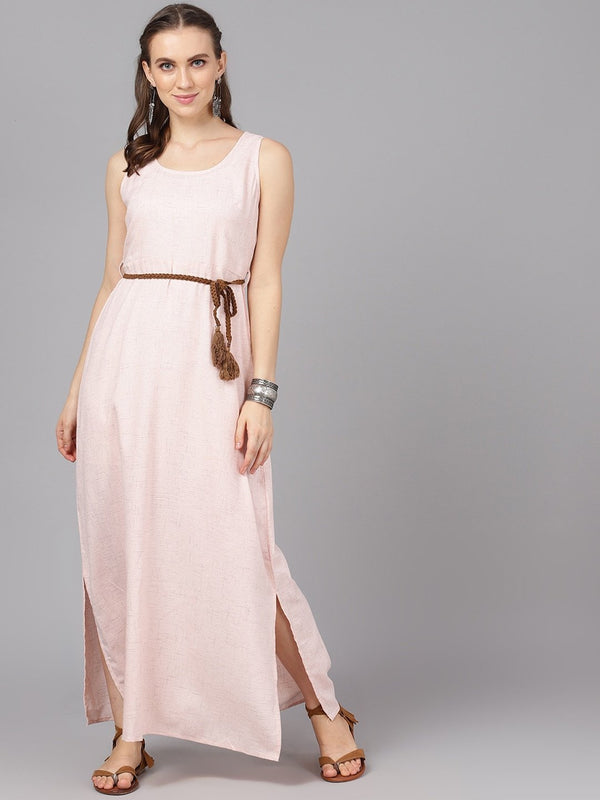 Women's  Peach-Coloured Self Design Maxi Dress - AKS