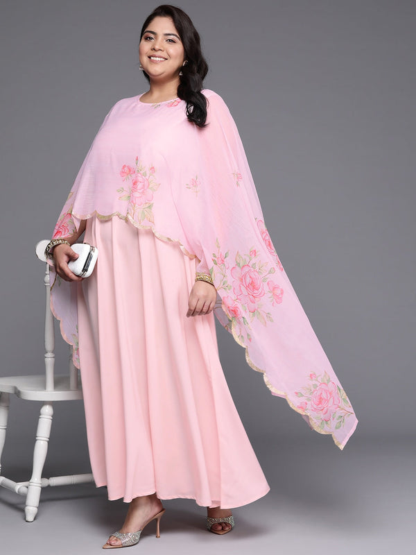 Plus Size Floral Printed Cape Sleeves Layered Ethnic Gown