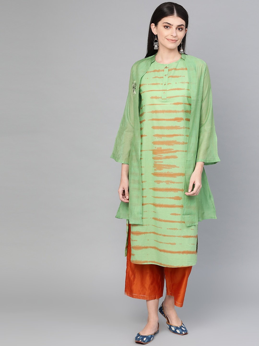 Women's Green & Brown Straight Kurta - Yufta