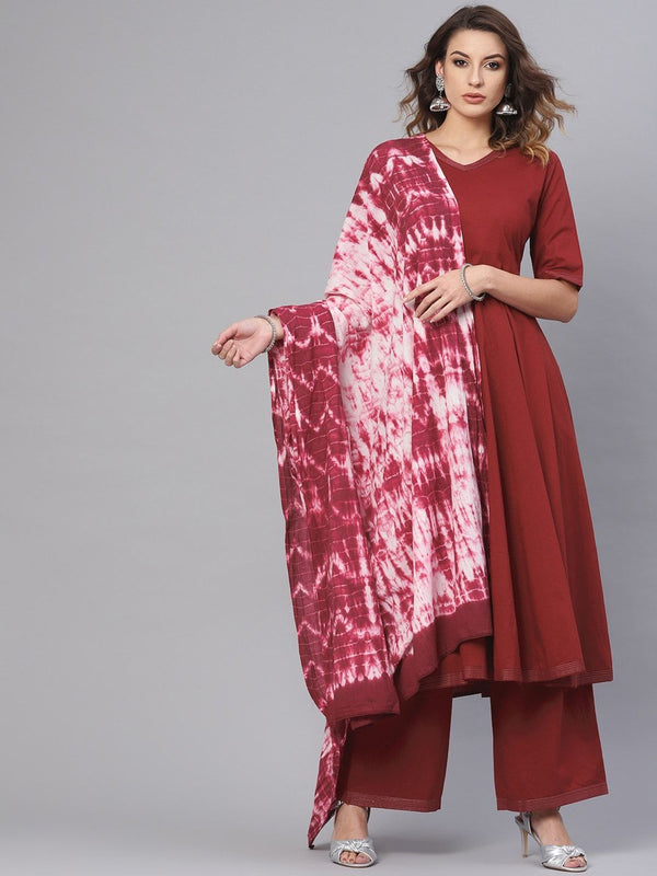 Women's  Maroon & Off-White Solid Kurta with Palazzos & Dupatta - AKS