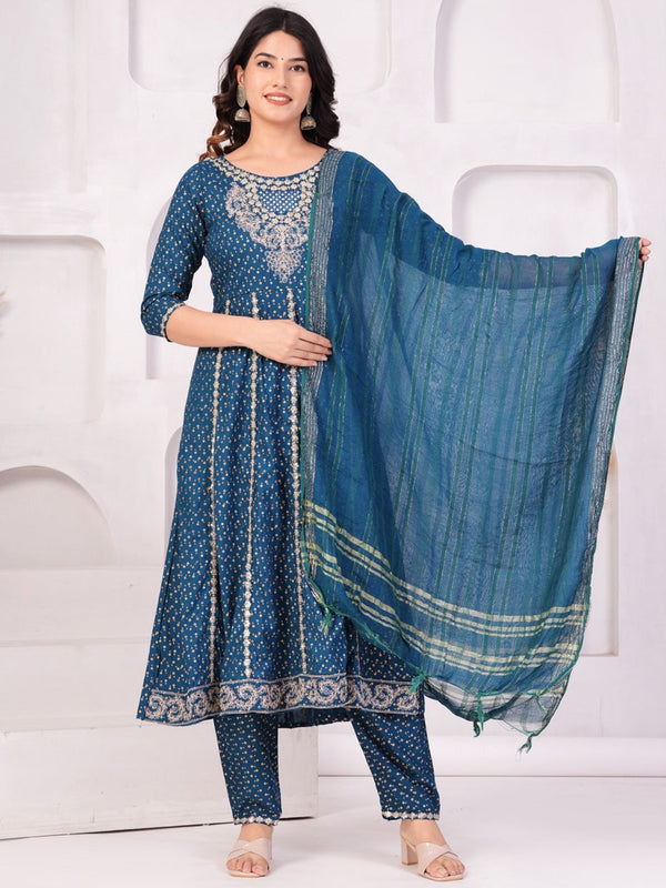 Women's Ethnic Motifs Printed Panelled Thread Work Kurta With Trousers & Dupatta - Taantav