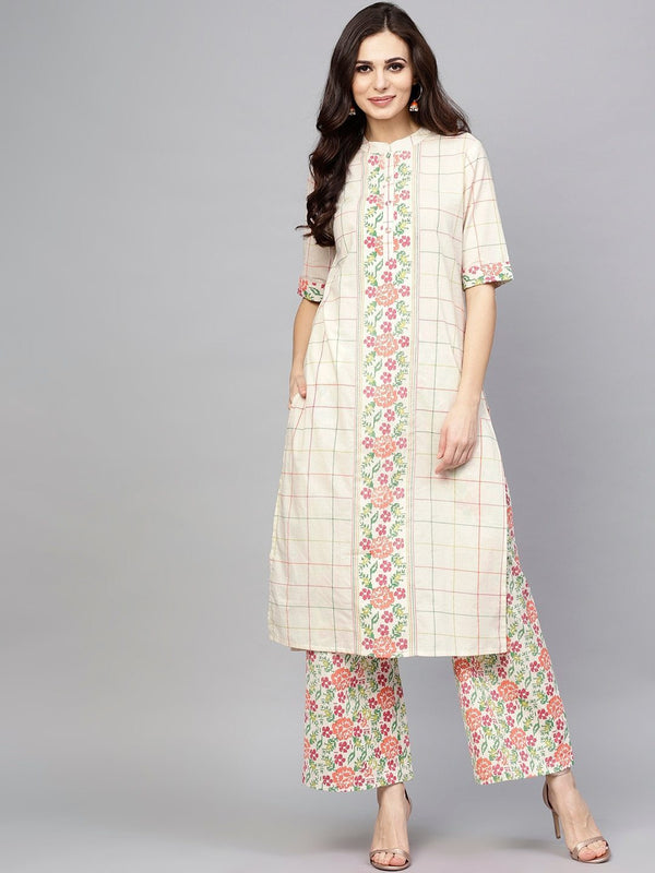 Women's  Off-White & Pink Checked Kurta with Palazzos - AKS