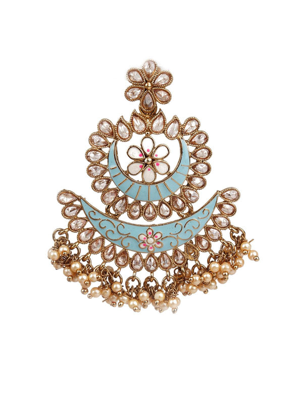 Women's Designer Blue And Gold Layered Chandbali Earrings - Odette