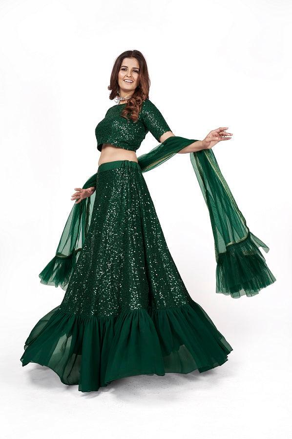 Women's Designer Dark Green Georgette Lehenga Choli - Odette