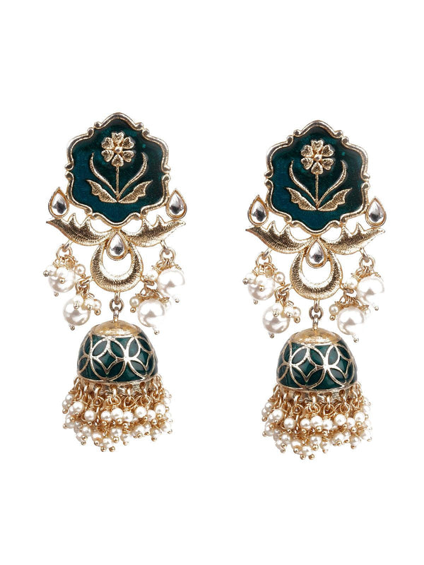 Women's Designer Green And Gold Dangle Jhumki Earrings - Odette