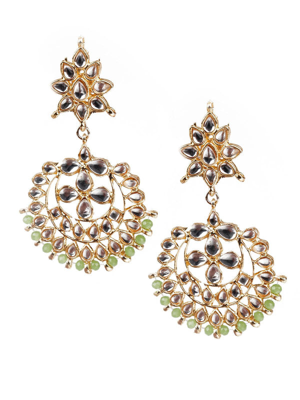 Women's Designer Green And Gold Dangler Earrings And Mangtika - Odette