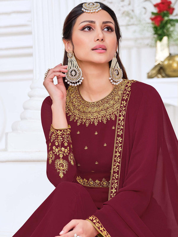 Women's Designer Long Length Maroon Color Georgette Suit - Odette