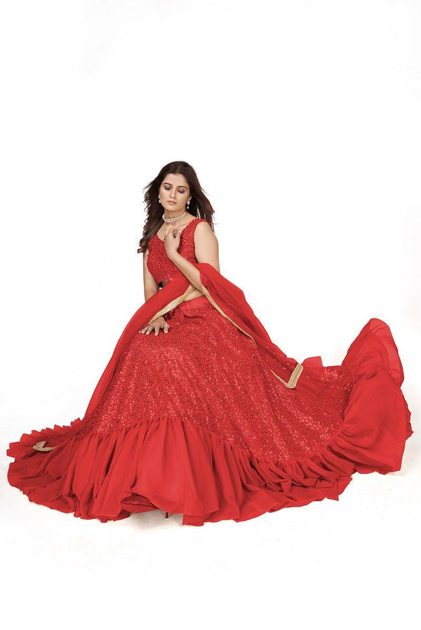 Women's Designer Red Georgette Lehenga Choli - Odette