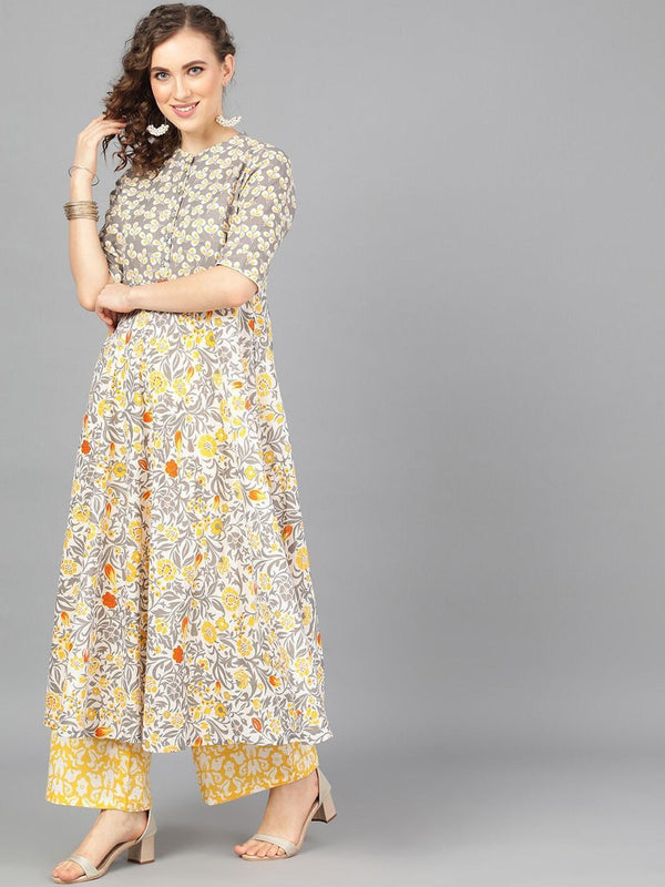 Women's  Grey & Yellow Printed Kurta with Palazzos - AKS