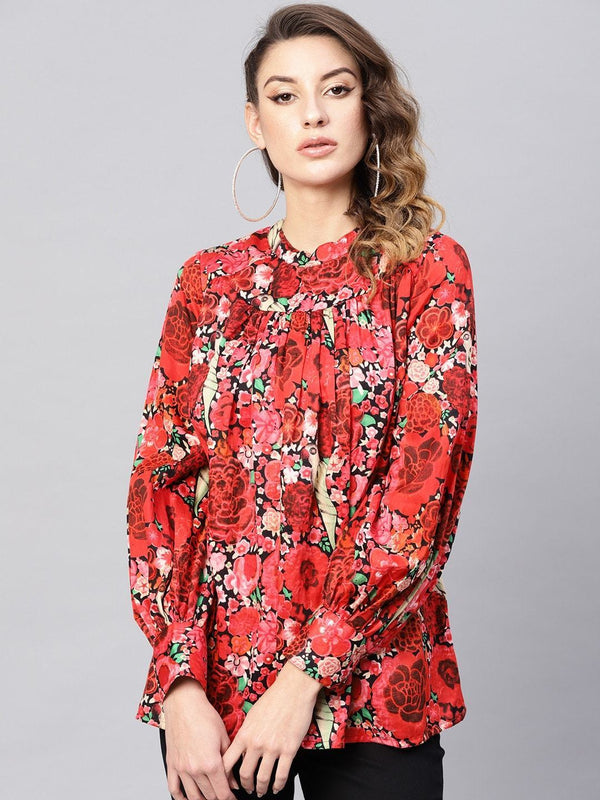 Women's Red & Black Printed Tunic - AKS