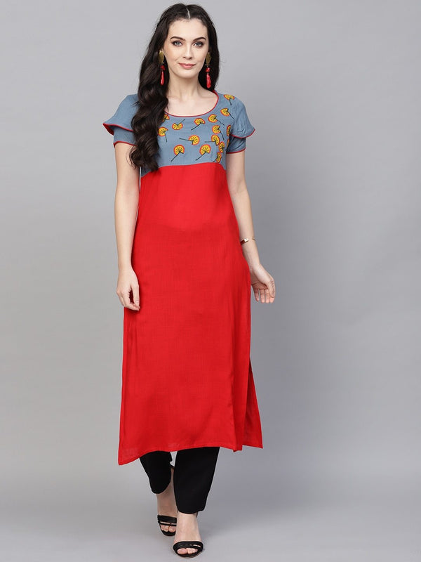 Women's  Red & Grey Yoke Design Empire Straight Kurta - AKS