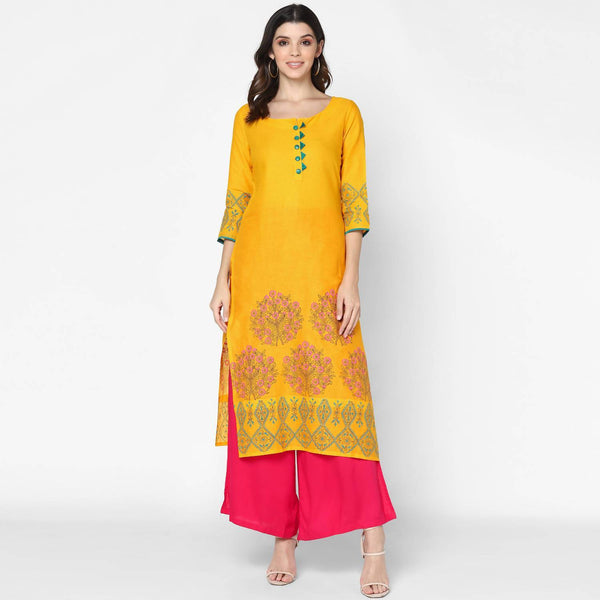 Women's Mustard & Magenta Cotton Hand Block Print Straight Kurta With Palazzo Set - Cheera