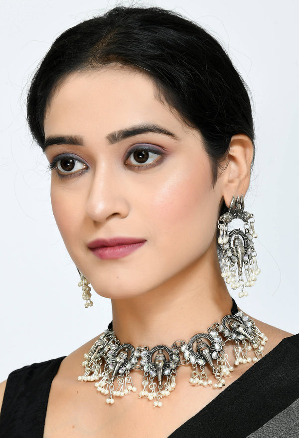 Kamal Johar Silver-Plated Ganesha Design Necklace with Earrings Jkms_102