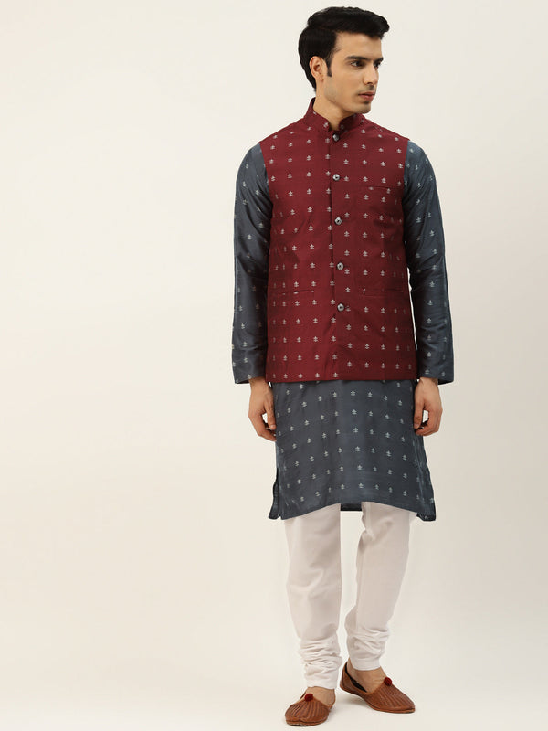 Sojanya Men's Silk Blend Grey Kurta & Maroon Nehrujacket With White Pyjama Combo - Sojanya