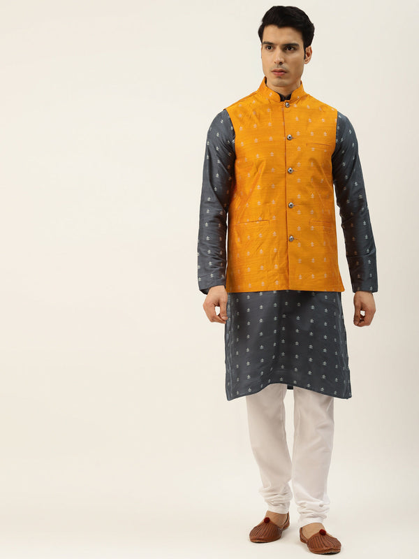 Sojanya Men's Silk Blend Grey Kurta & Orange Nehrujacket With White Pyjama Combo - Sojanya