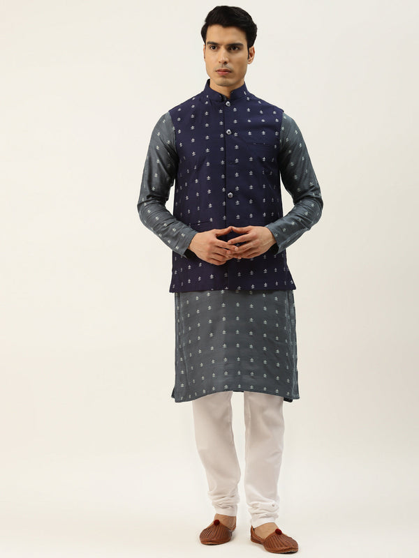 Sojanya Men's Silk Blend Grey Kurta & Navy Nehrujacket With White Pyjama Combo - Sojanya