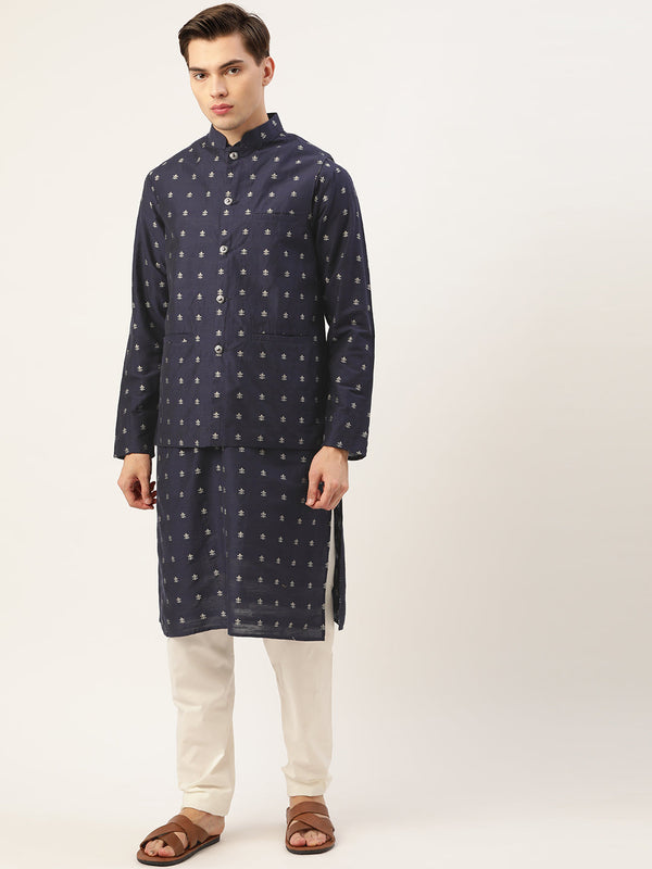 Sojanya Men's Silk Silk Blend Navy Kurta & Nehrujacket With White Pyjama Combo - Sojanya