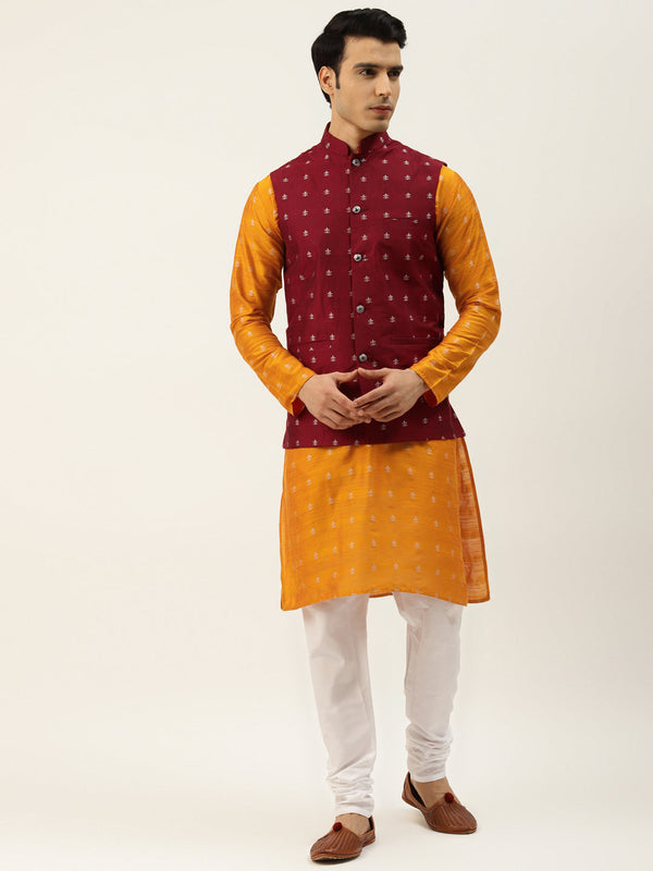 Sojanya Men's Silk Blend Orange Kurta & Maroon Nehrujacket With White Pyjama Combo - Sojanya