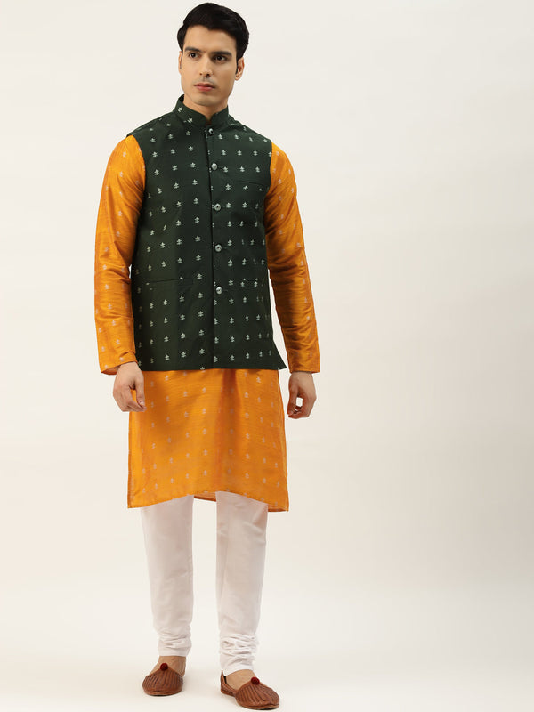 Sojanya Men's Silk Blend Orange Kurta & Darkgreen Nehrujacket With White Pyjama Combo - Sojanya