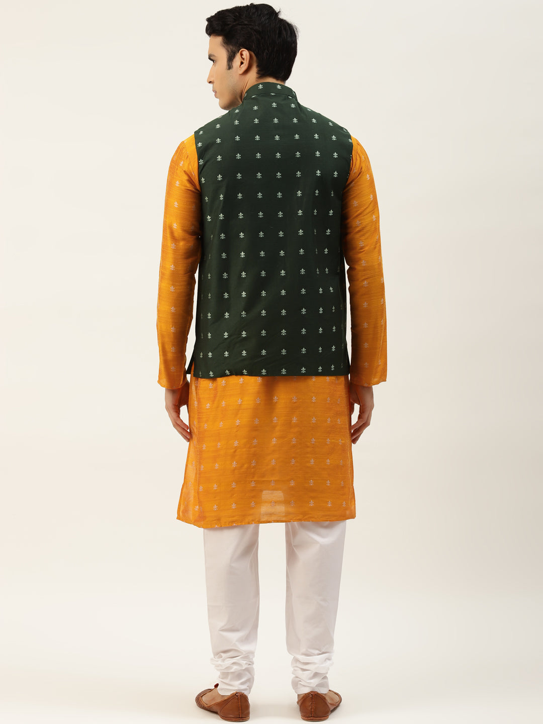 Sojanya Men's Silk Blend Orange Kurta & Darkgreen Nehrujacket With White Pyjama Combo - Sojanya