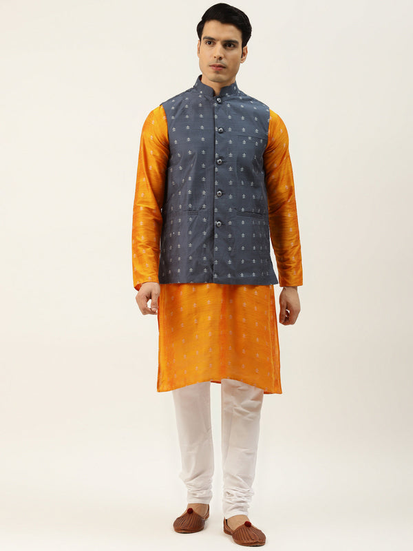 Sojanya Men's Silk Blend Orange Kurta & Grey Nehrujacket With White Pyjama Combo - Sojanya