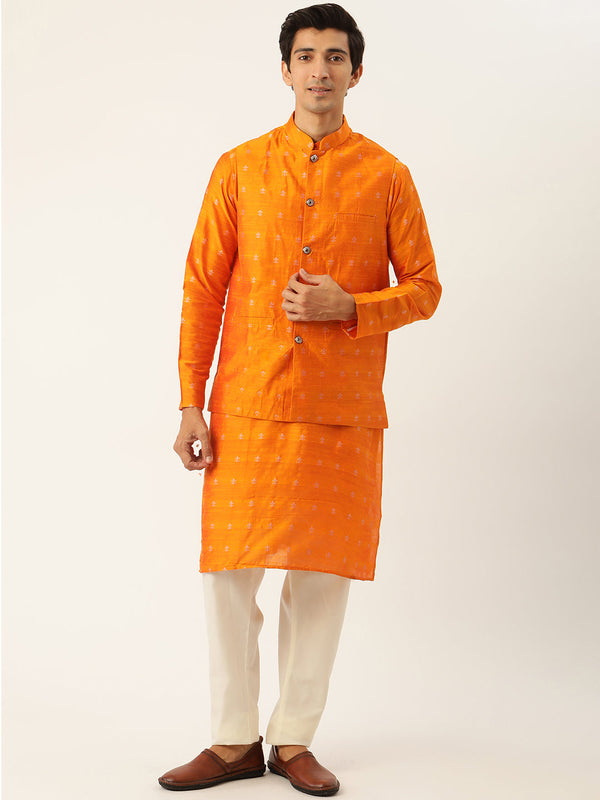 Sojanya Men's Silk Silk Blend Orange Kurta & Nehrujacket With White Pyjama Combo - Sojanya