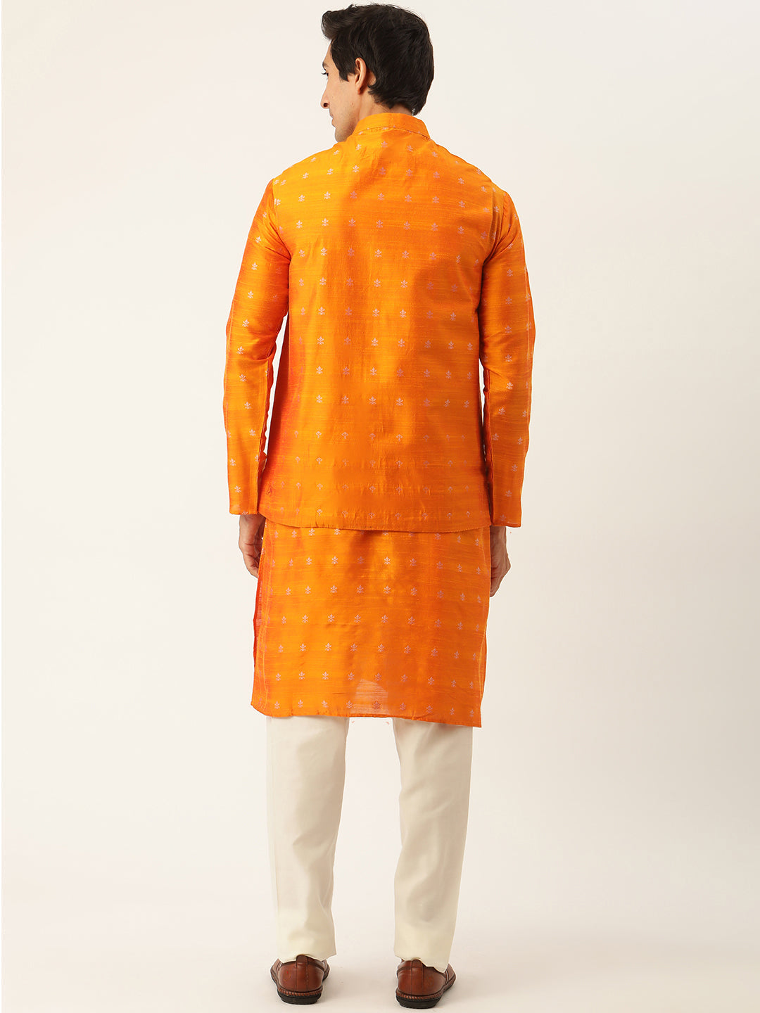 Sojanya Men's Silk Silk Blend Orange Kurta & Nehrujacket With White Pyjama Combo - Sojanya