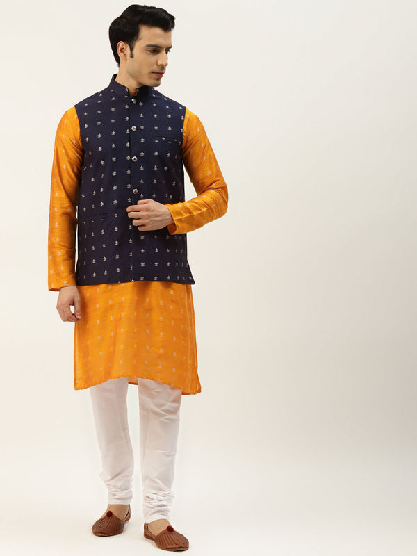 Sojanya Men's Silk Blend Orange Kurta & Navy Nehrujacket With White Pyjama Combo - Sojanya