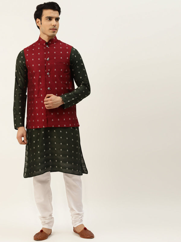 Sojanya Men's Silk Blend Darkgreen Kurta & Maroon Nehrujacket With White Pyjama Combo - Sojanya