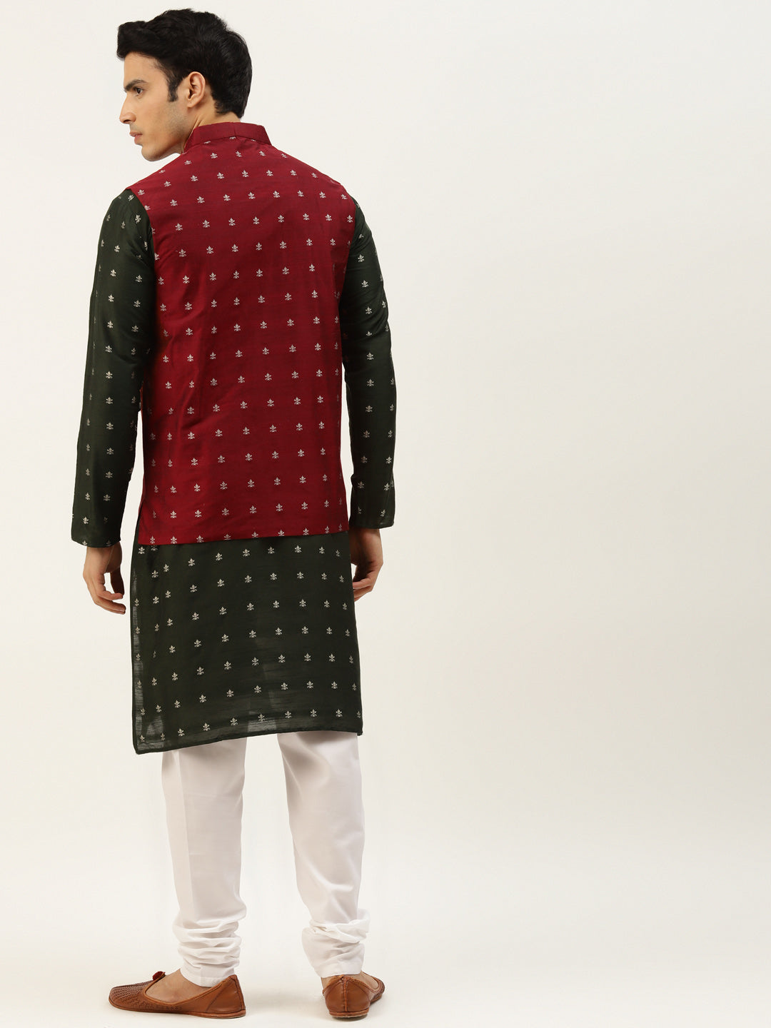 Sojanya Men's Silk Blend Darkgreen Kurta & Maroon Nehrujacket With White Pyjama Combo - Sojanya