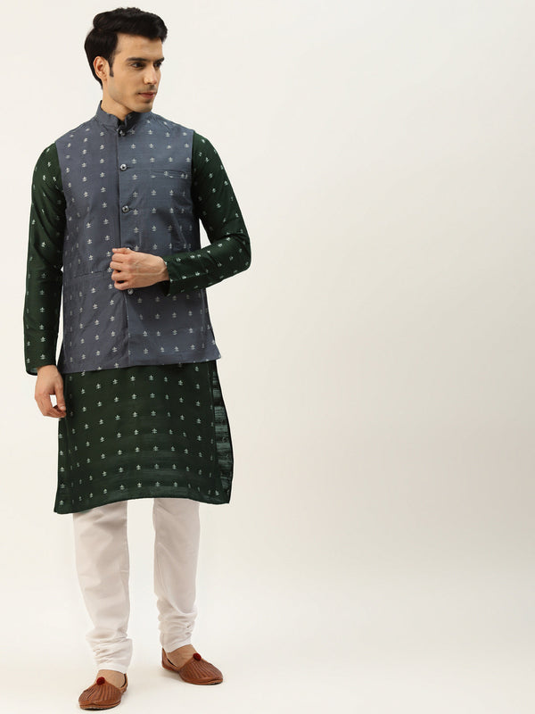 Sojanya Men's Silk Blend Darkgreen Kurta & Grey Nehrujacket With White Pyjama Combo - Sojanya