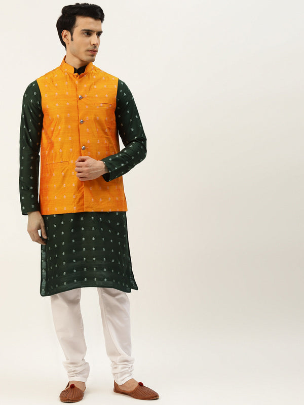 Sojanya Men's Silk Blend Darkgreen Kurta & Orange Nehrujacket With White Pyjama Combo - Sojanya