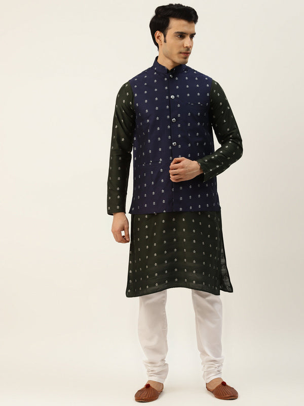 Sojanya Men's Silk Blend Darkgreen Kurta & Navy Nehrujacket With White Pyjama Combo - Sojanya