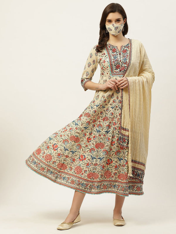 Women's Printed Flared Dress & Dupatta Set with Mask - Juniper