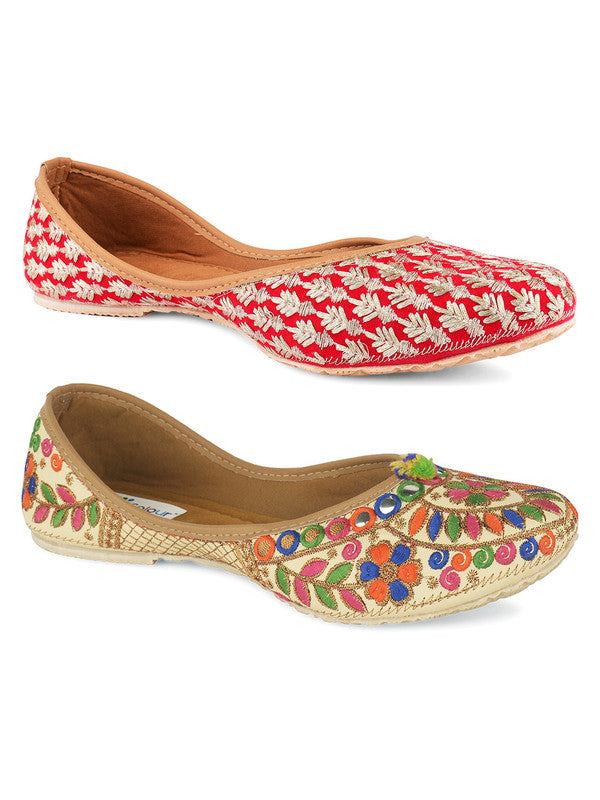 Women's Multicolour Combo of 2 Pair of Embroidered Indian Handcrafted Ethnic Comfort Footwear - Desi Colour