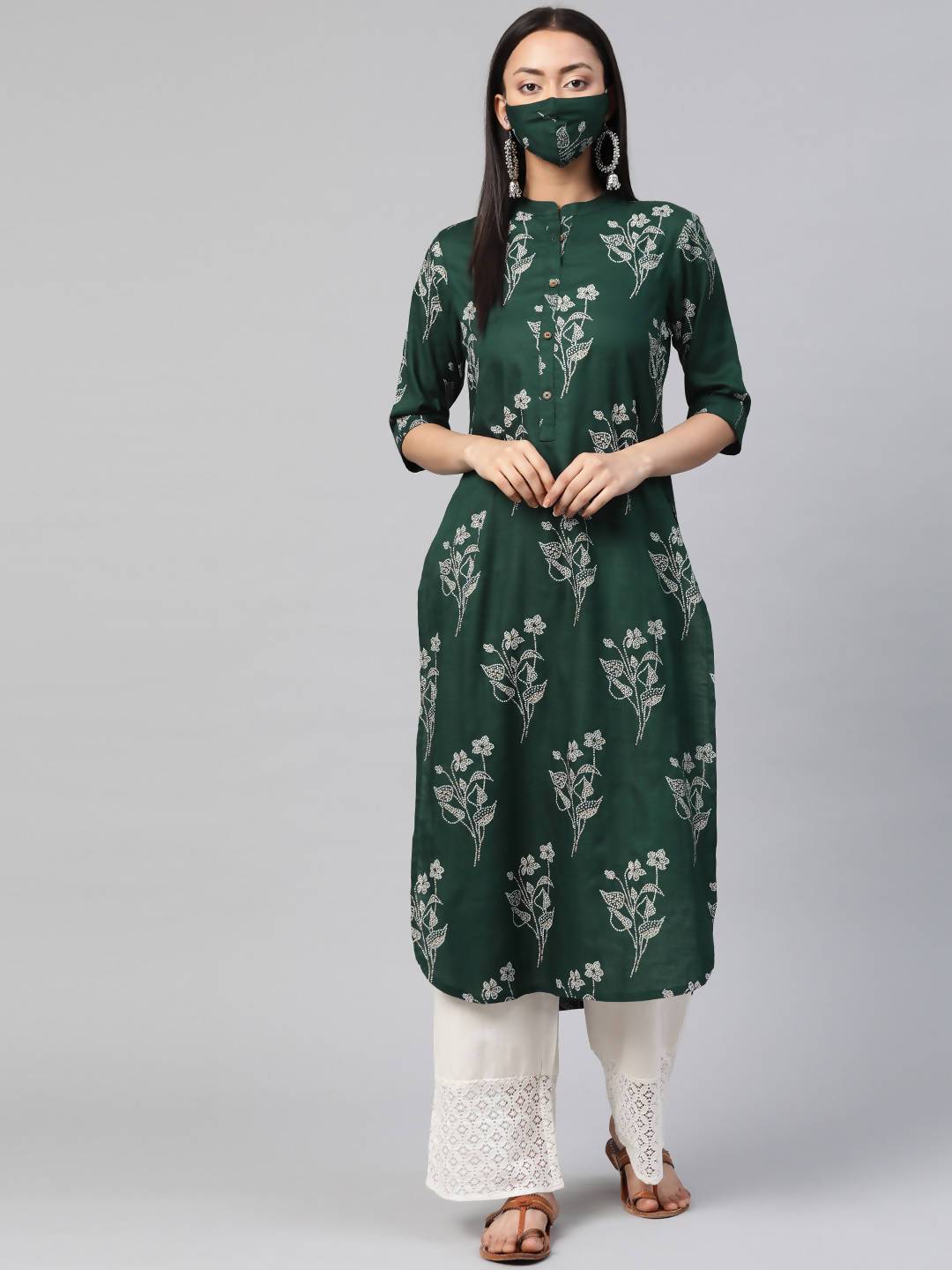 Women's Rayon Slub Bandhani Straight Kurta With Mask - Juniper