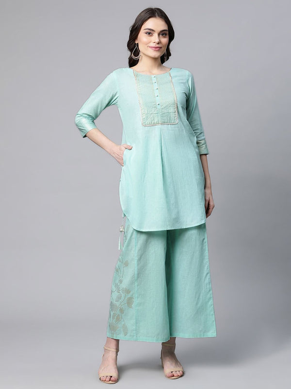 Teal Pure Cotton Gold Foil Printed Pakistani Style Kurta Palazzo Set