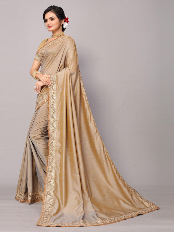 Women's Dusty Brown Satin Silk Embroidery Border Work Saree With Blouse. - Odette